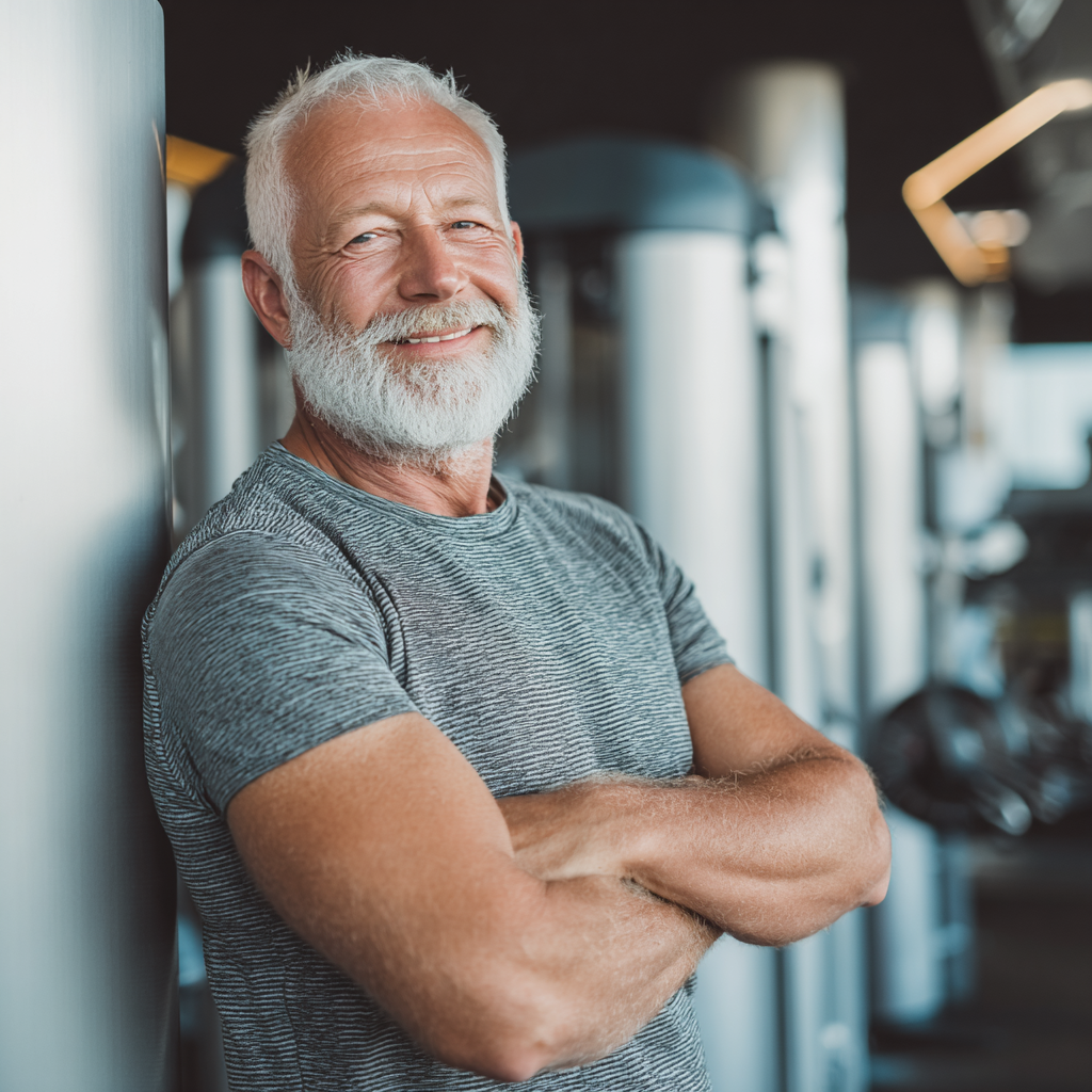 Elderly European man using digital fitness equipment with a smile, showing modern technology integration in fitness training