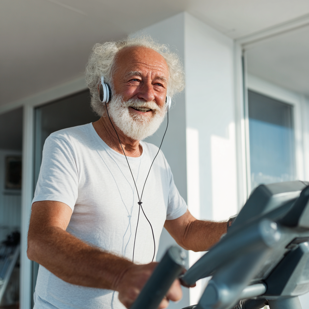 Smiling elderly European woman preparing healthy meal with fresh vegetables and fruits, representing proper nutrition for fitness goals